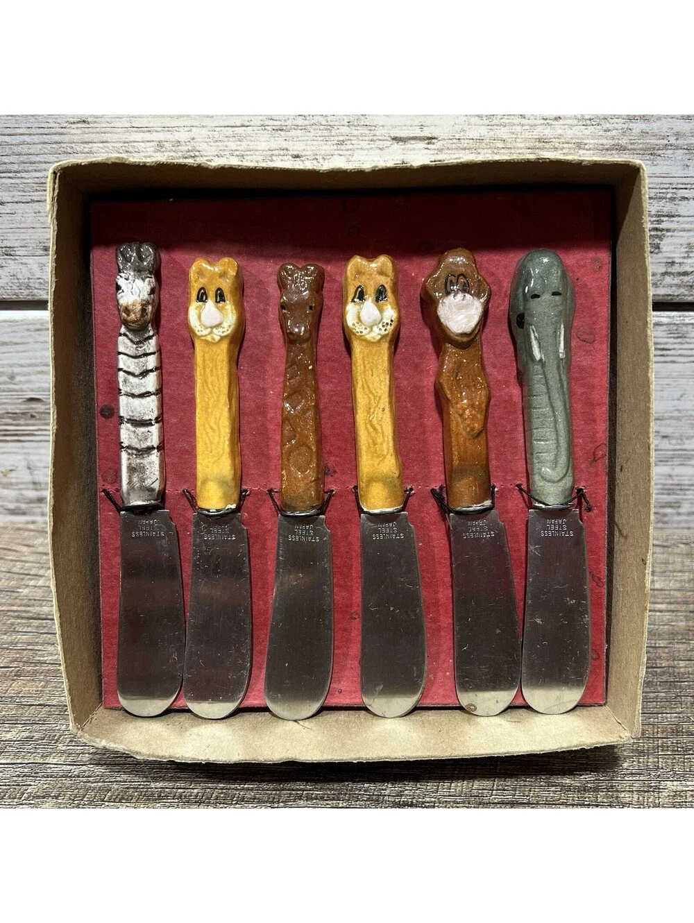Vintage Boston Warehouse Butter Spreader Cheese Knife 6 Pc. Set Zoo Animals